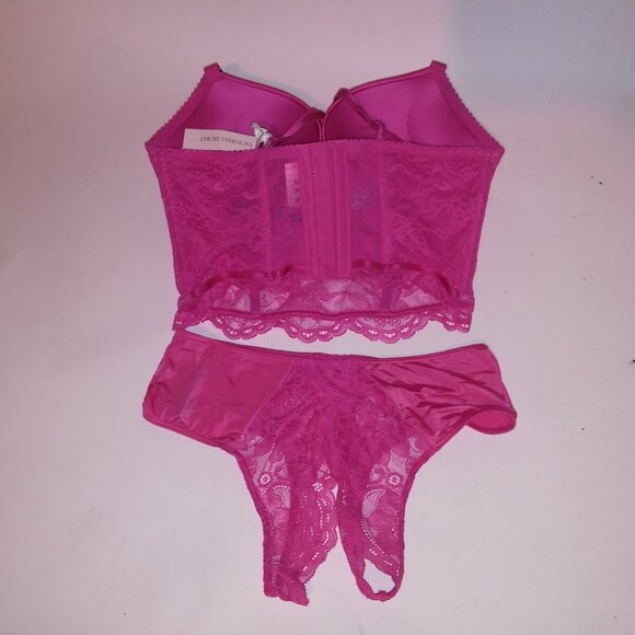 Victoria Secret Bra Set 34C Bombshell Push Up Medium Panty Shine Strap Pink Lace - Picture 14 of 16